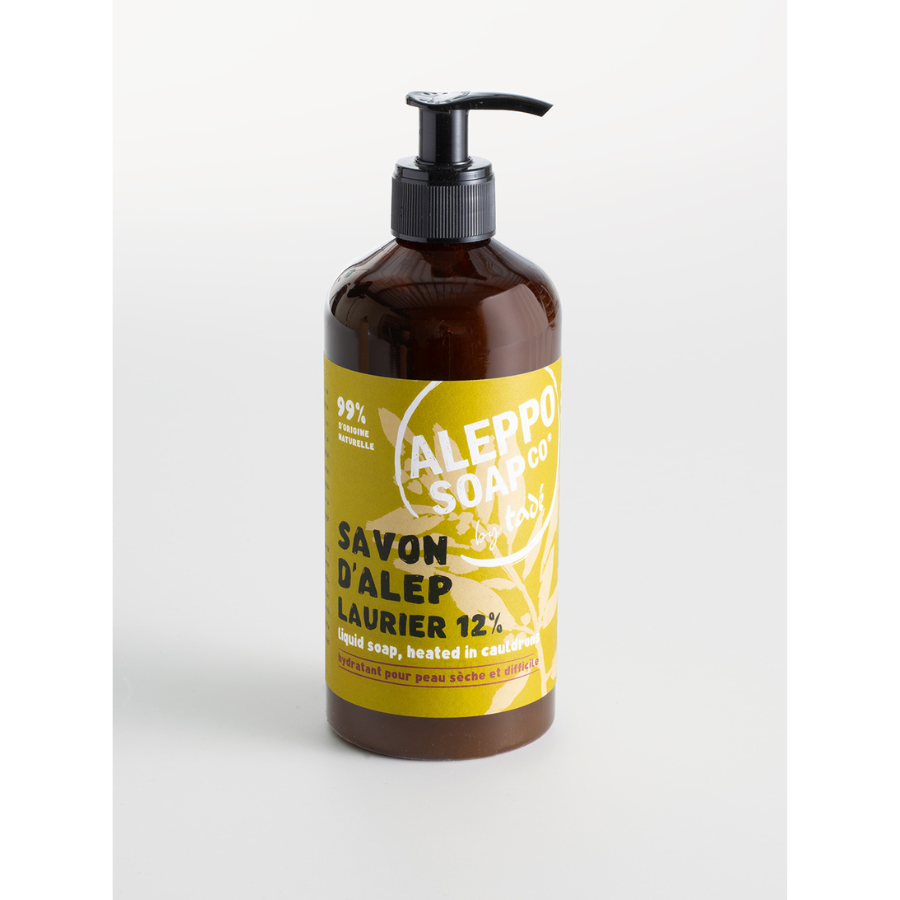Vloeibare Aleppozeep met 12 % laurierbesolie in pompje